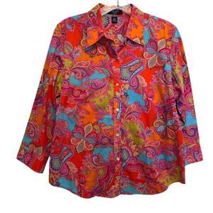 Chaps Colorful Paisley Button Top Womens Large Petite Cotton Classic Shirt